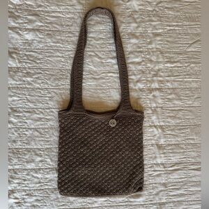 The Sak Taupe Woven Shoulder Bag Zip Closure Logo Charm Classic Accent